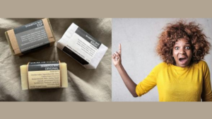 A woman points to our three shampoo bars